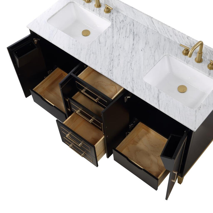 Bemma, Gracie 60" Double Vanity, Midnight Black/Satin Brass, Carrara Marble Top#top-options_carrara-marble-top