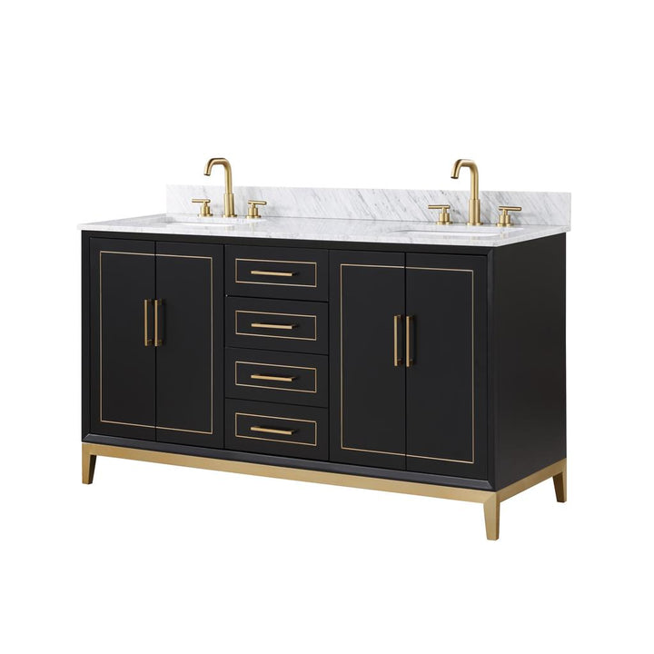 Bemma, Gracie 60" Double Vanity, Midnight Black/Satin Brass, Carrara Marble Top#top-options_carrara-marble-top