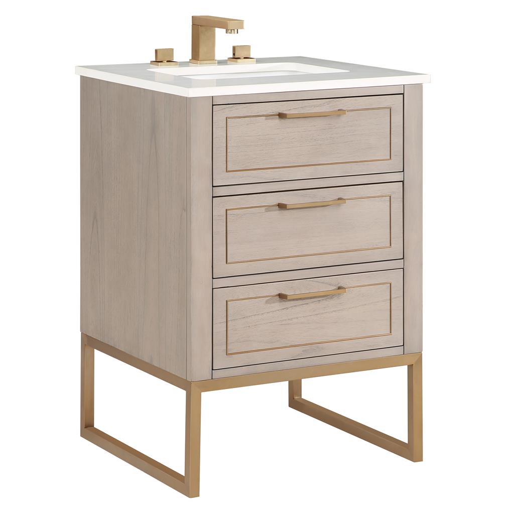 Bemma, Markham 24" Single Vanity, Cashmere Grey/Satin Brass, White Quartz Top#top-options_white-quartz-top