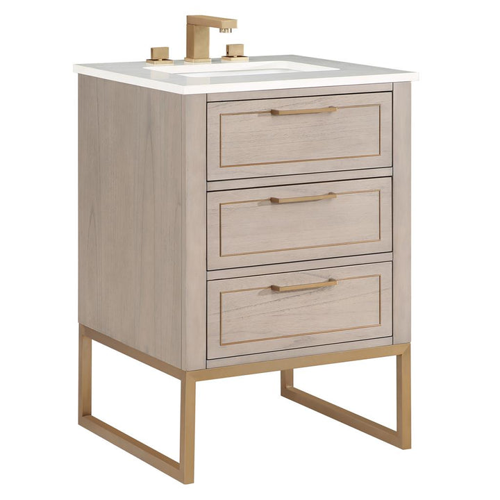 Bemma, Markham 24" Single Vanity, Cashmere Grey/Satin Brass, White Quartz Top#top-options_white-quartz-top