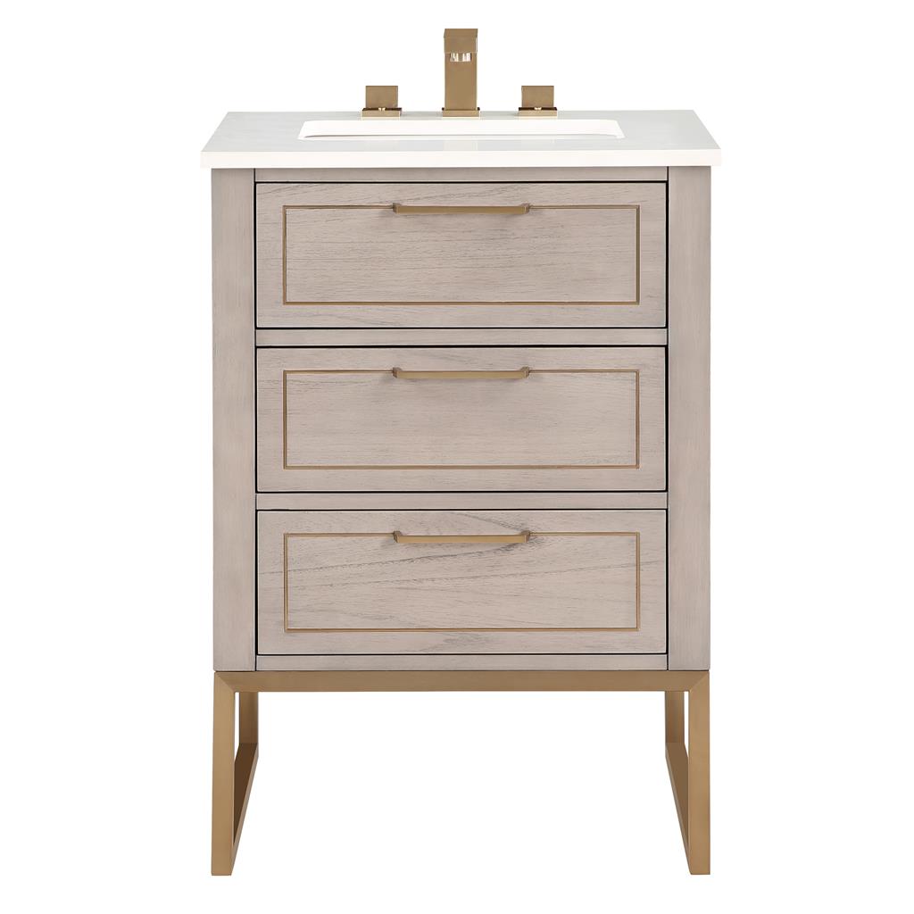Bemma, Markham 24" Single Vanity, Cashmere Grey/Satin Brass, White Quartz Top#top-options_white-quartz-top
