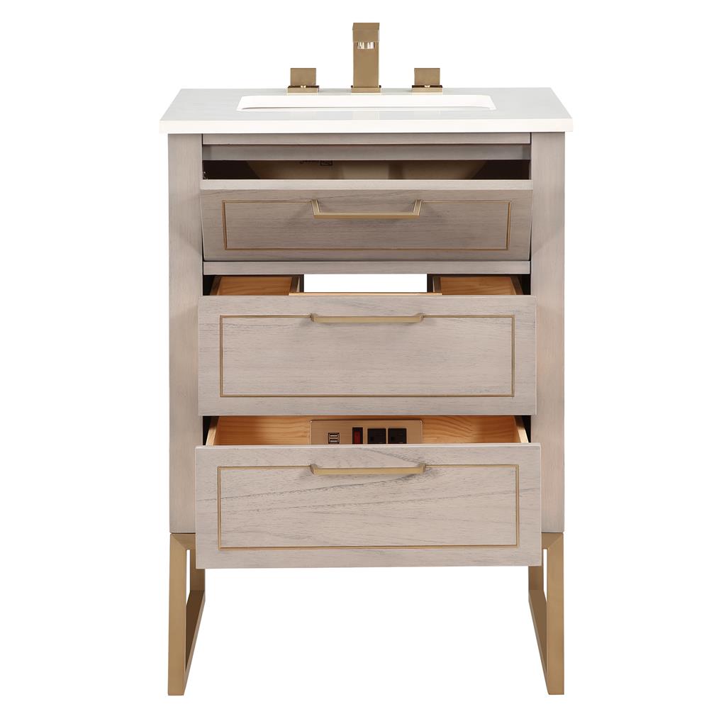 Bemma, Markham 24" Single Vanity, Cashmere Grey/Satin Brass, White Quartz Top#top-options_white-quartz-top