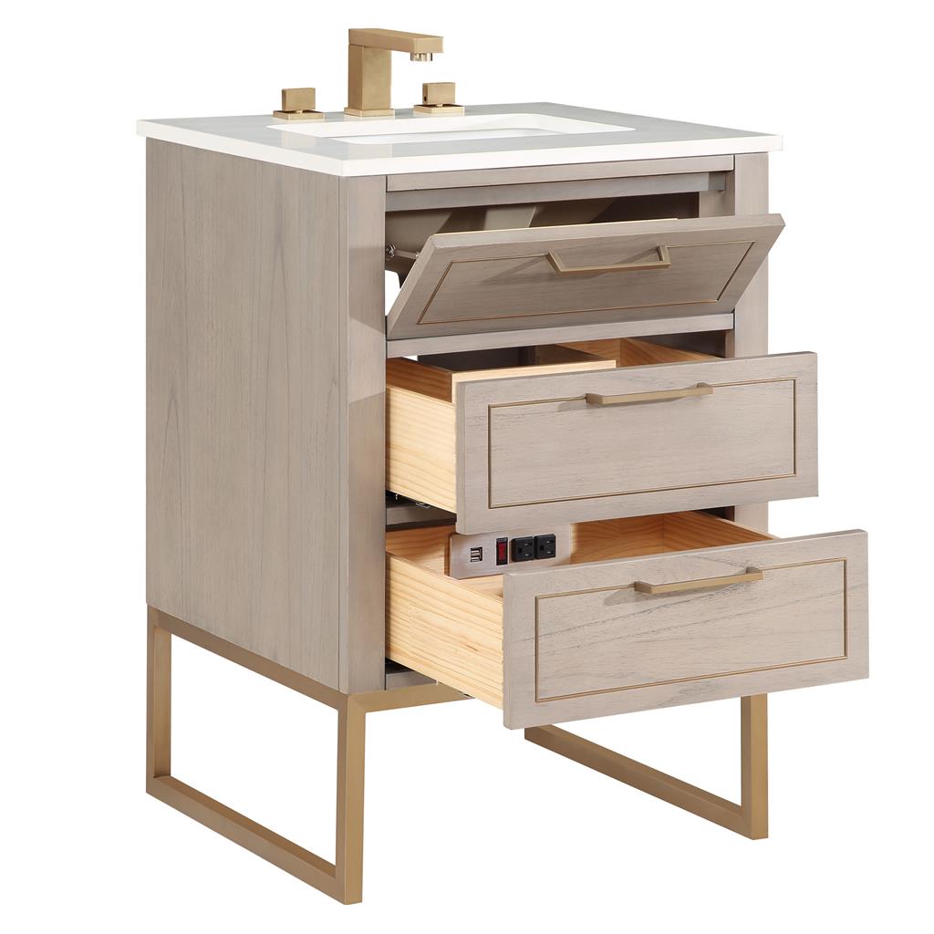 Bemma, Markham 24" Single Vanity, Cashmere Grey/Satin Brass, White Quartz Top#top-options_white-quartz-top