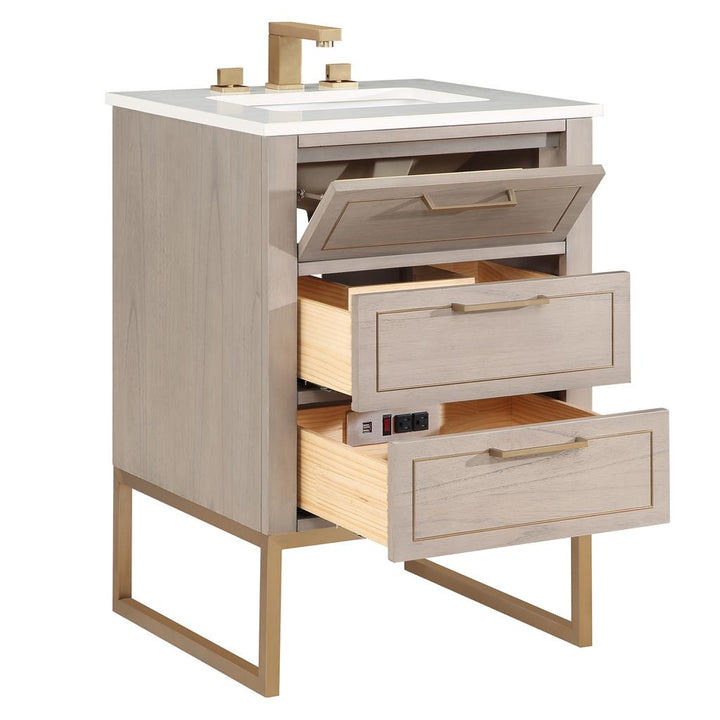 Bemma, Markham 24" Single Vanity, Cashmere Grey/Satin Brass, White Quartz Top#top-options_white-quartz-top