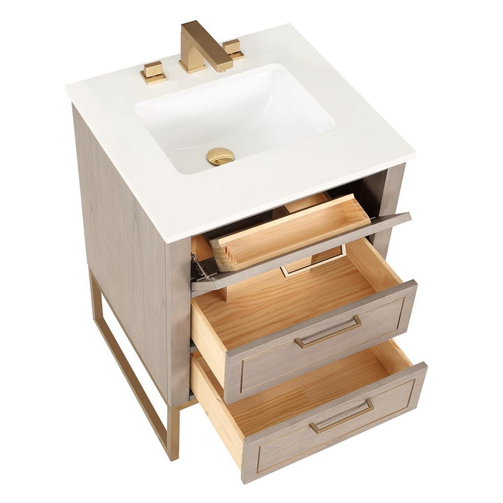 Bemma, Markham 24" Single Vanity, Cashmere Grey/Satin Brass, White Quartz Top#top-options_white-quartz-top