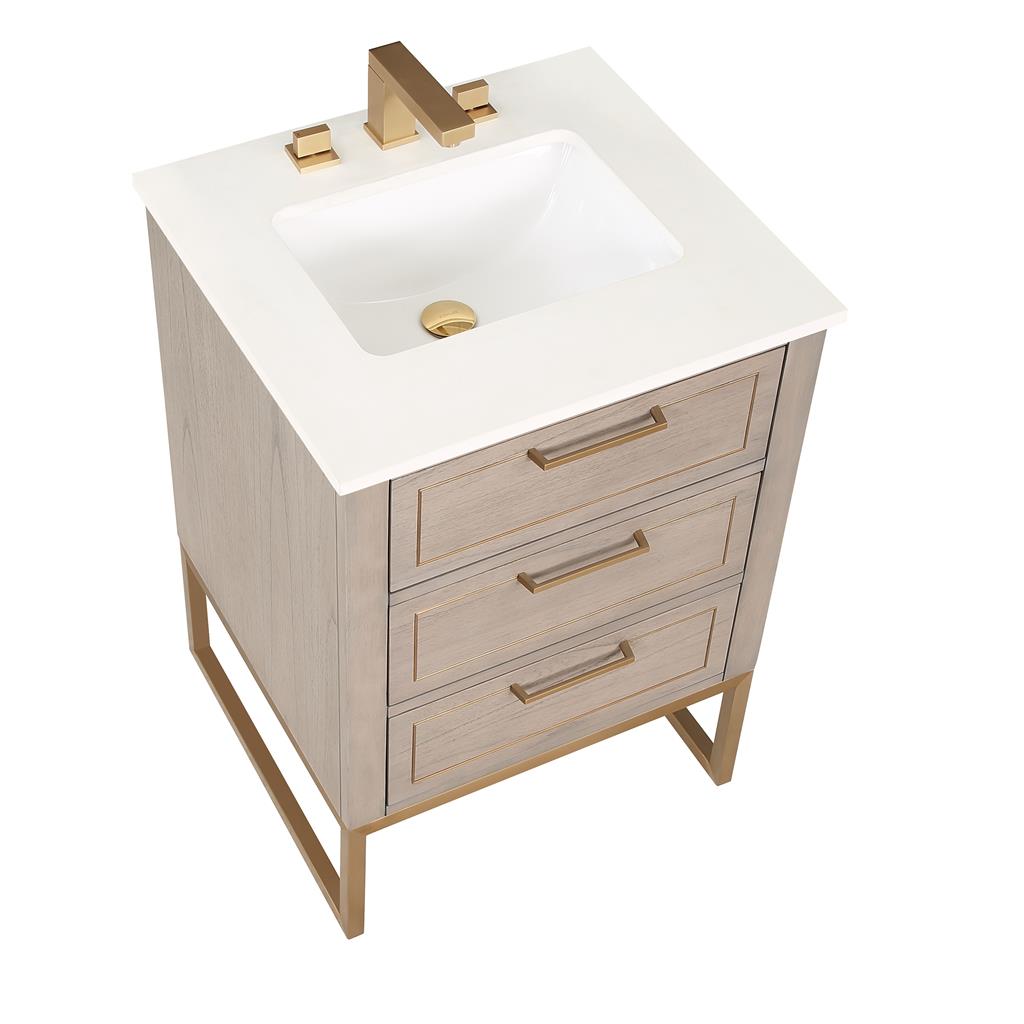 Bemma, Markham 24" Single Vanity, Cashmere Grey/Satin Brass, White Quartz Top#top-options_white-quartz-top