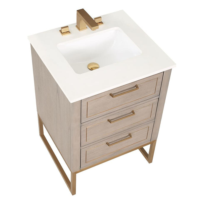 Bemma, Markham 24" Single Vanity, Cashmere Grey/Satin Brass, White Quartz Top#top-options_white-quartz-top