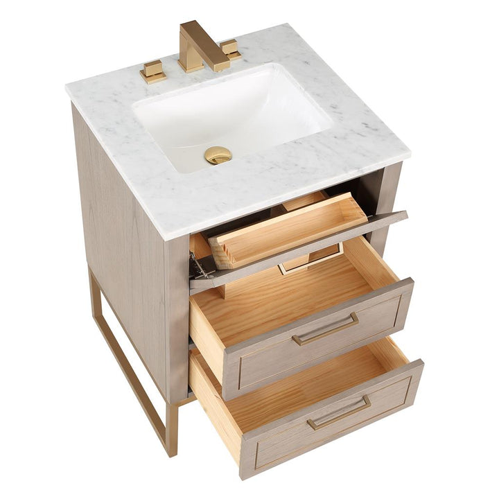 Bemma, Markham 24" Single Vanity, Cashmere Grey/Satin Brass, Carrara Marble Top#top-options_carrara-marble-top