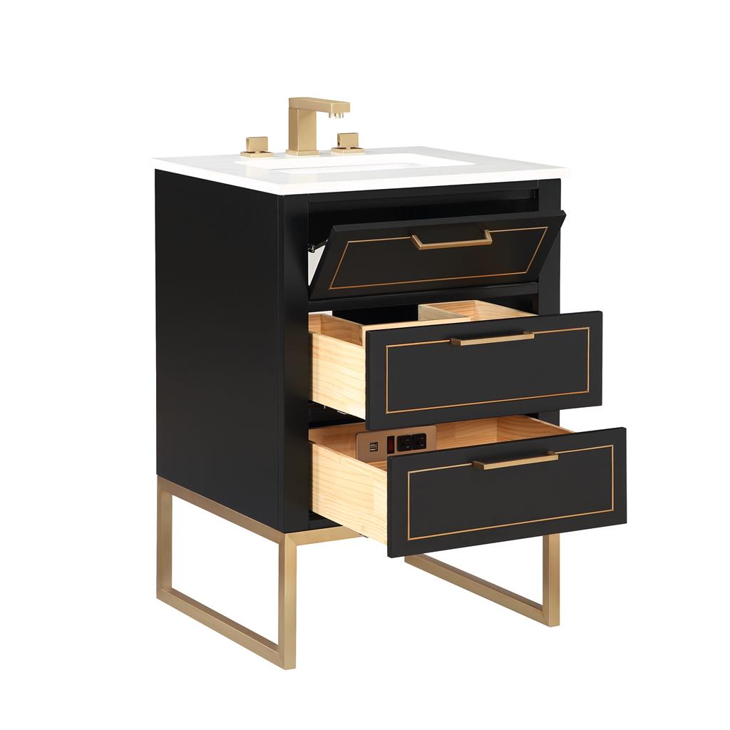 Bemma, Markham 24" Single Vanity, Midnight Black/Satin Brass, White Quartz Top#top-options_white-quartz-top