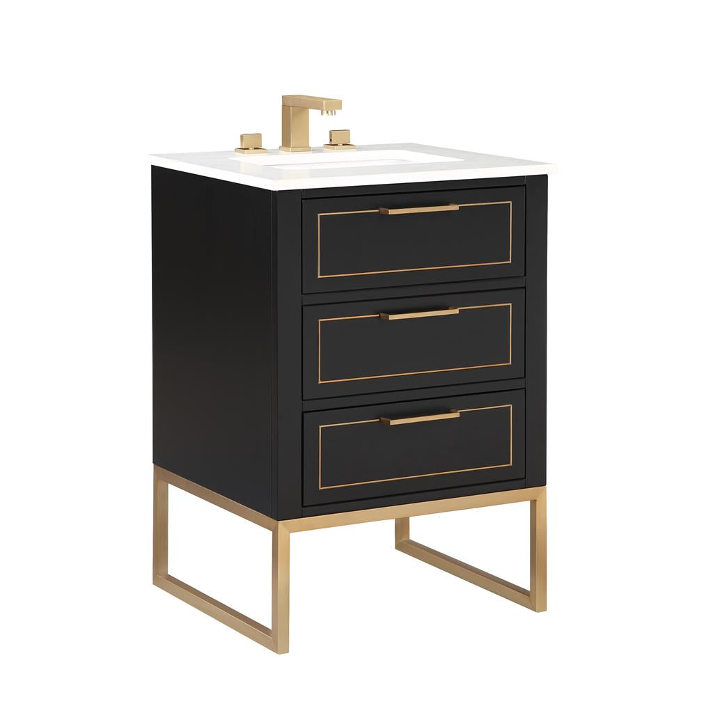 Bemma, Markham 24" Single Vanity, Midnight Black/Satin Brass, White Quartz Top#top-options_white-quartz-top