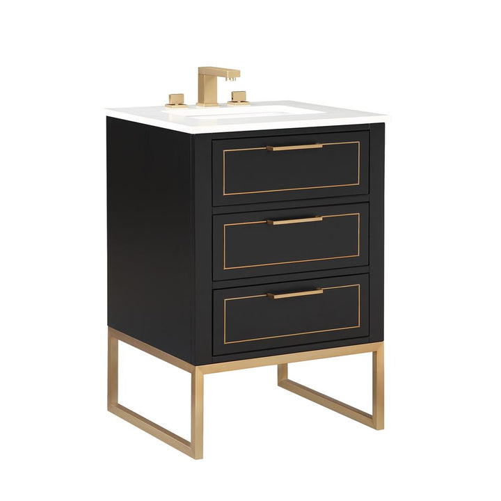 Bemma, Markham 24" Single Vanity, Midnight Black/Satin Brass, White Quartz Top#top-options_white-quartz-top