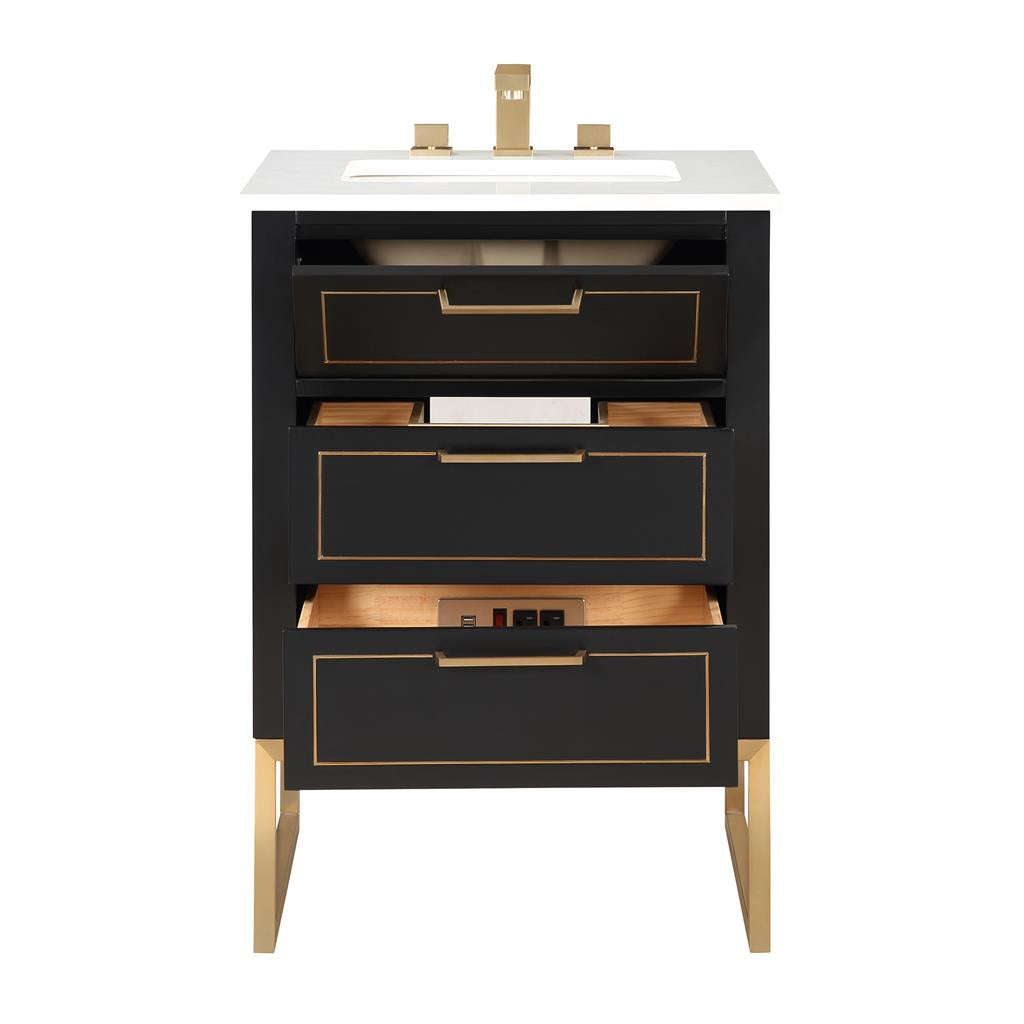 Bemma, Markham 24" Single Vanity, Midnight Black/Satin Brass, White Quartz Top#top-options_white-quartz-top
