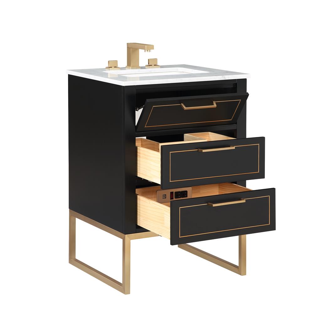 Bemma, Markham 24" Single Vanity, Midnight Black/Satin Brass, Carrara Marble Top#top-options_carrara-marble-top