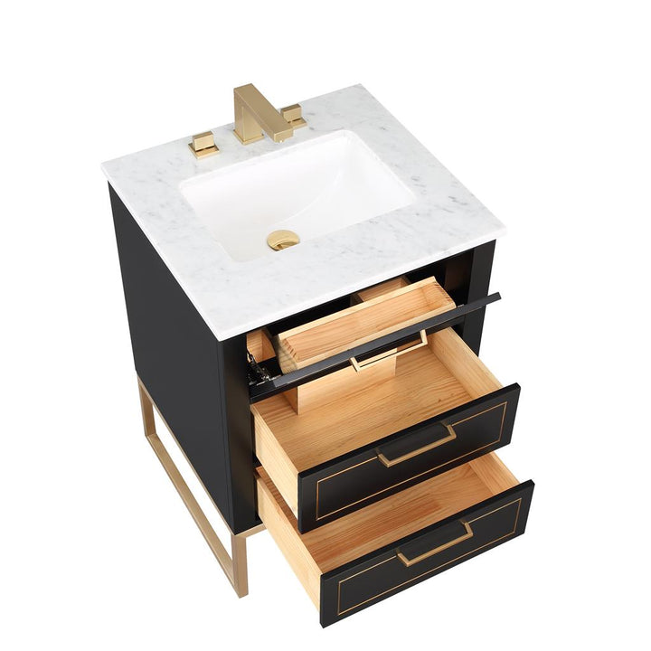 Bemma, Markham 24" Single Vanity, Midnight Black/Satin Brass, Carrara Marble Top#top-options_carrara-marble-top