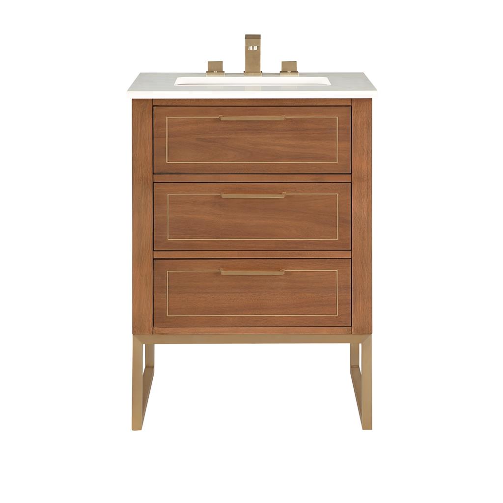 Bemma, Markham 24" Single Vanity, Walnut/Satin Brass, White Quartz Top#top-options_white-quartz-top