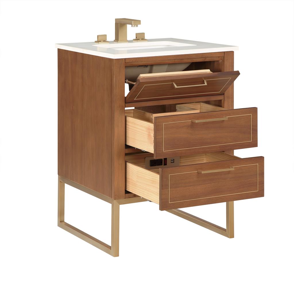 Bemma, Markham 24" Single Vanity, Walnut/Satin Brass, White Quartz Top#top-options_white-quartz-top