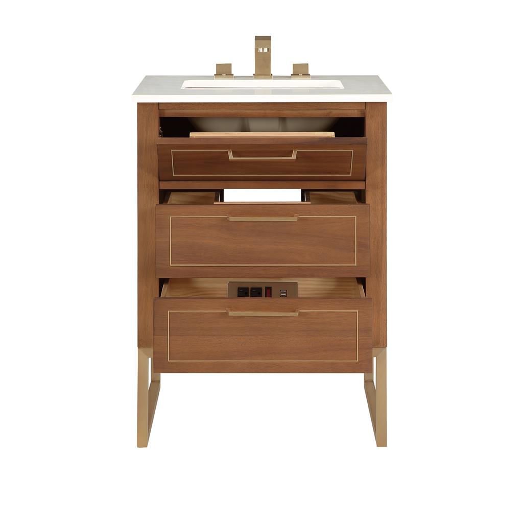 Bemma, Markham 24" Single Vanity, Walnut/Satin Brass, White Quartz Top#top-options_white-quartz-top