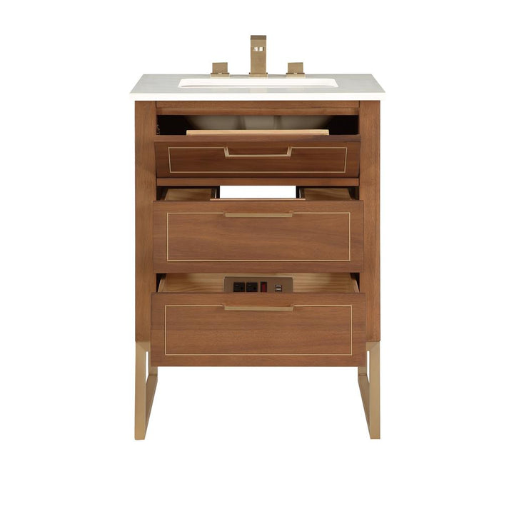 Bemma, Markham 24" Single Vanity, Walnut/Satin Brass, White Quartz Top#top-options_white-quartz-top
