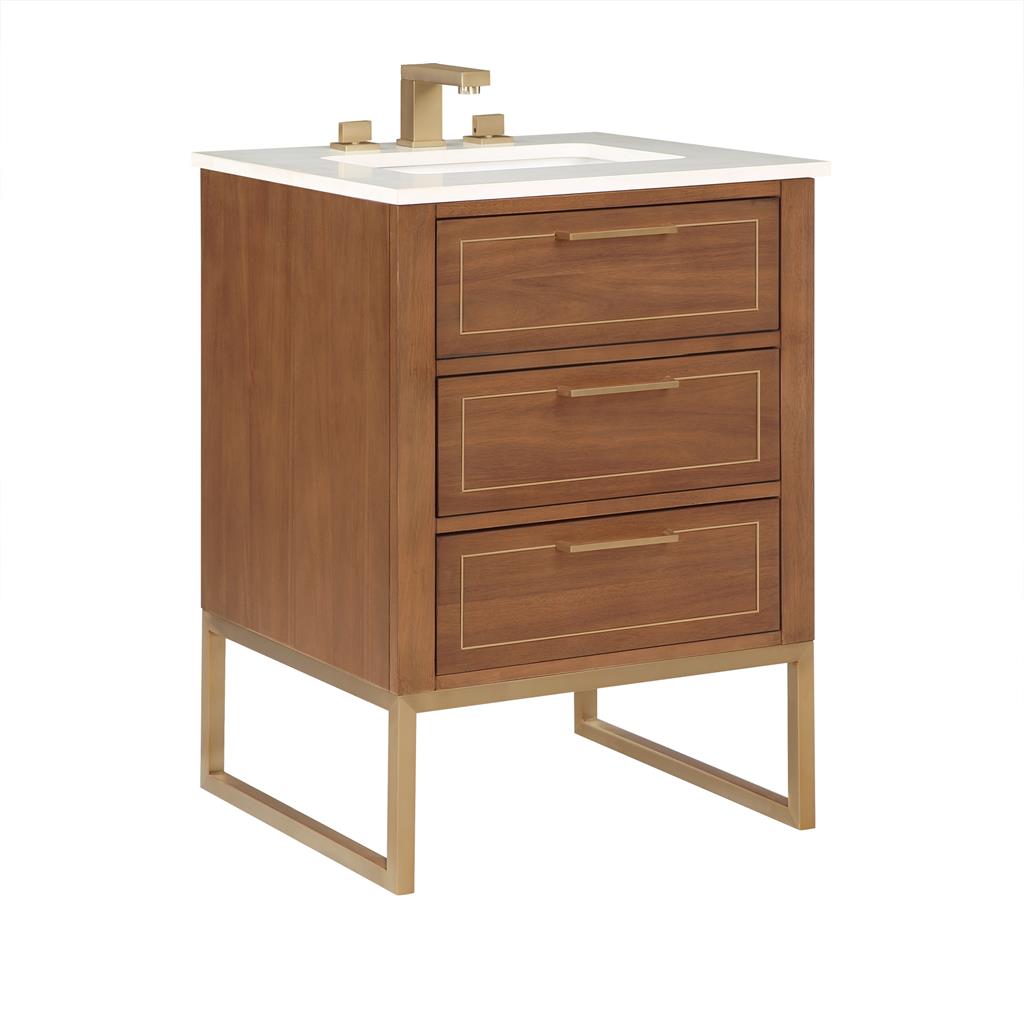 Bemma, Markham 24" Single Vanity, Walnut/Satin Brass, White Quartz Top#top-options_white-quartz-top
