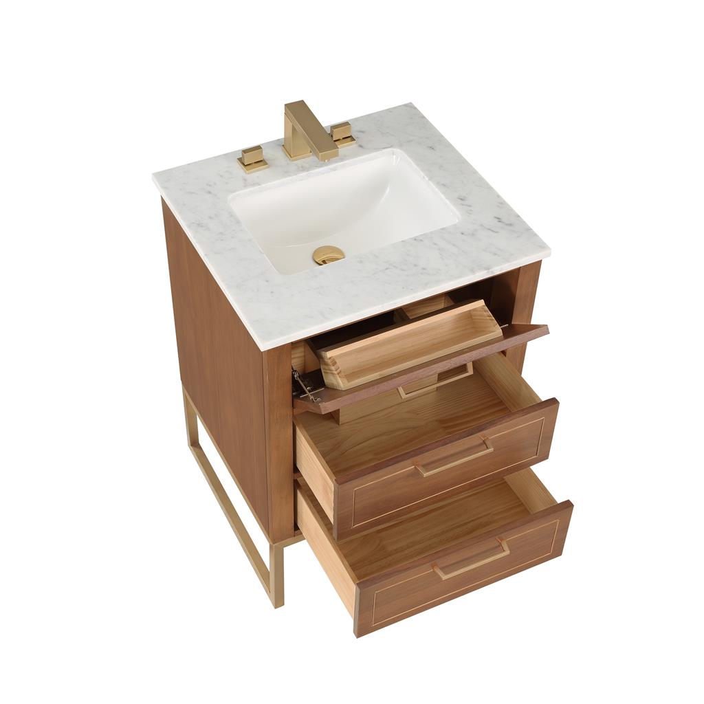 Bemma, Markham 24" Single Vanity, Walnut/Satin Brass, Carrara Marble Top#top-options_carrara-marble-top