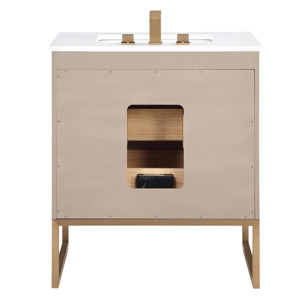 Bemma, Markham 30" Single Vanity, Cashmere Grey/Satin Brass, White Quartz Top#top-options_white-quartz-top