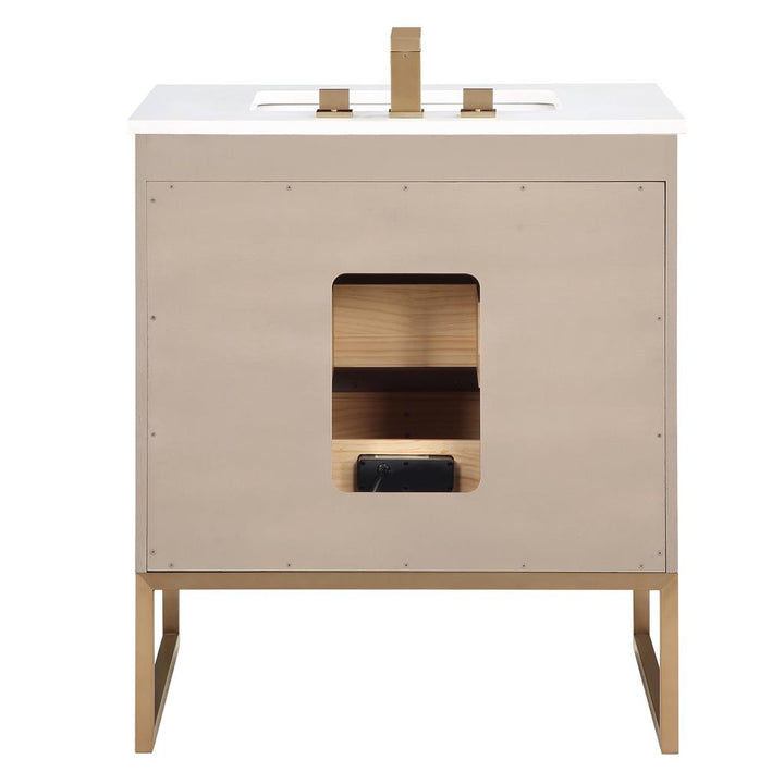 Bemma, Markham 30" Single Vanity, Cashmere Grey/Satin Brass, White Quartz Top#top-options_white-quartz-top