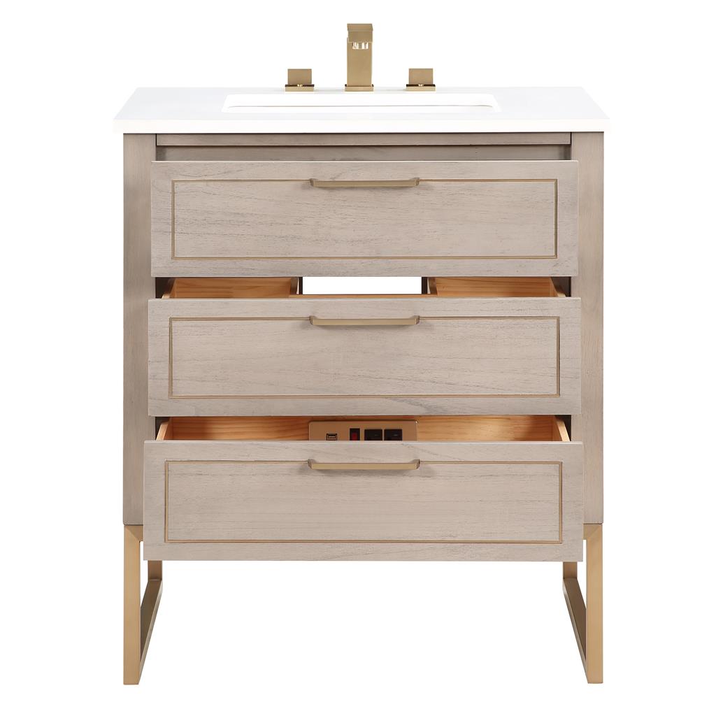 Bemma, Markham 30" Single Vanity, Cashmere Grey/Satin Brass, White Quartz Top#top-options_white-quartz-top