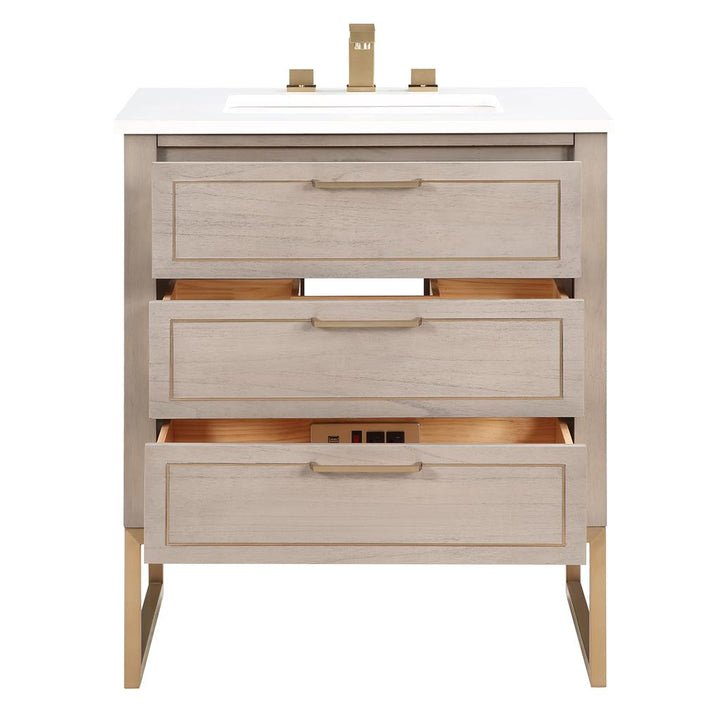 Bemma, Markham 30" Single Vanity, Cashmere Grey/Satin Brass, White Quartz Top#top-options_white-quartz-top