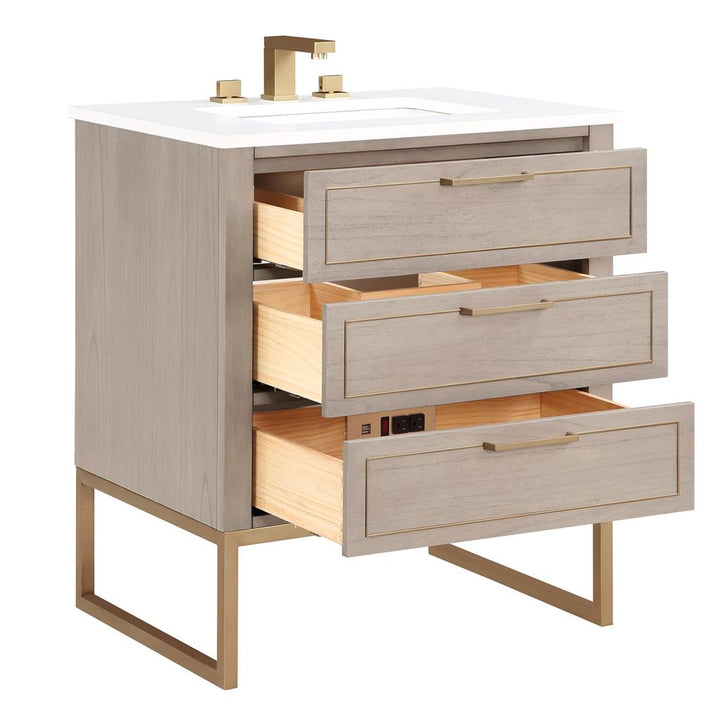 Bemma, Markham 30" Single Vanity, Cashmere Grey/Satin Brass, White Quartz Top#top-options_white-quartz-top