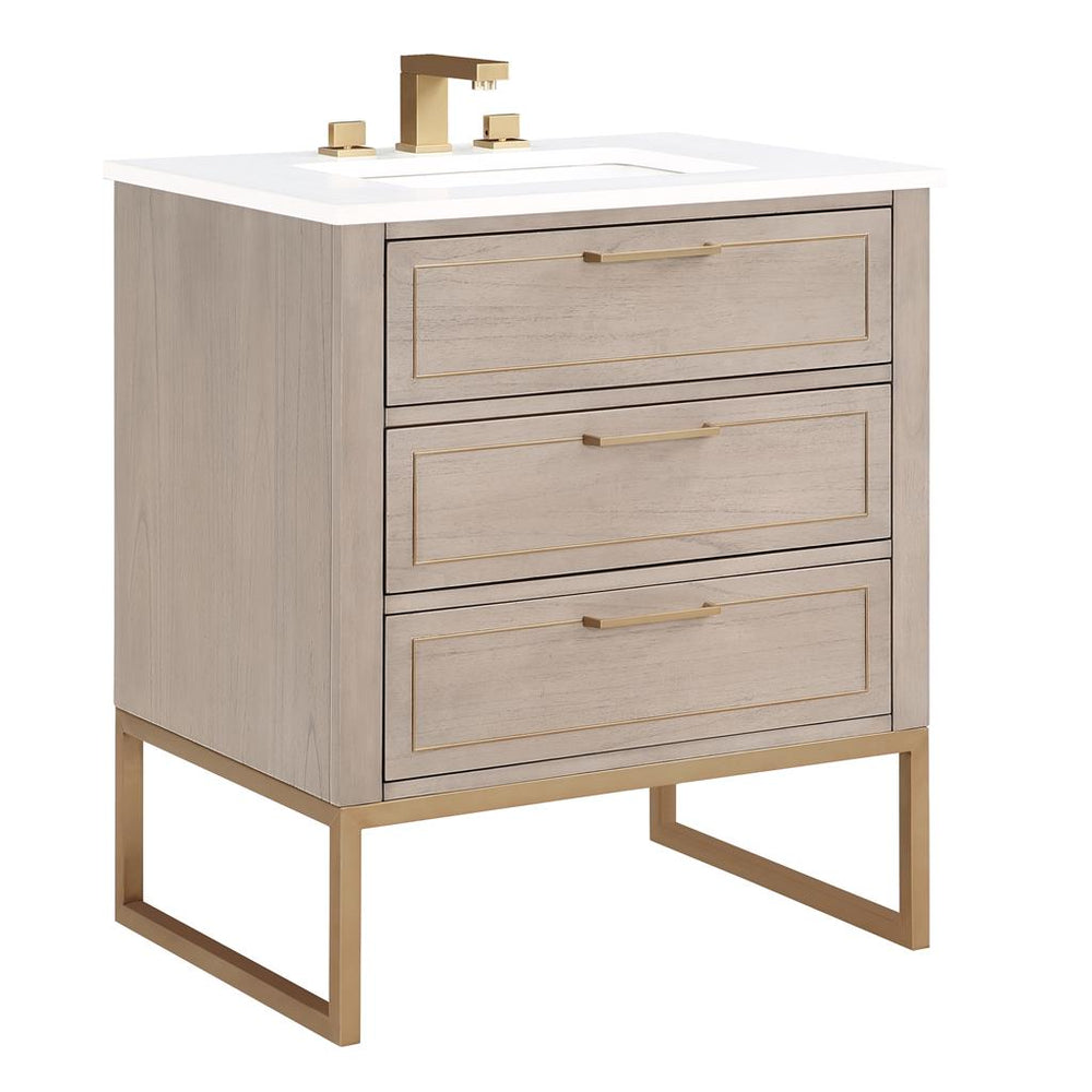 Bemma, Markham 30" Single Vanity, Cashmere Grey/Satin Brass, White Quartz Top#top-options_white-quartz-top