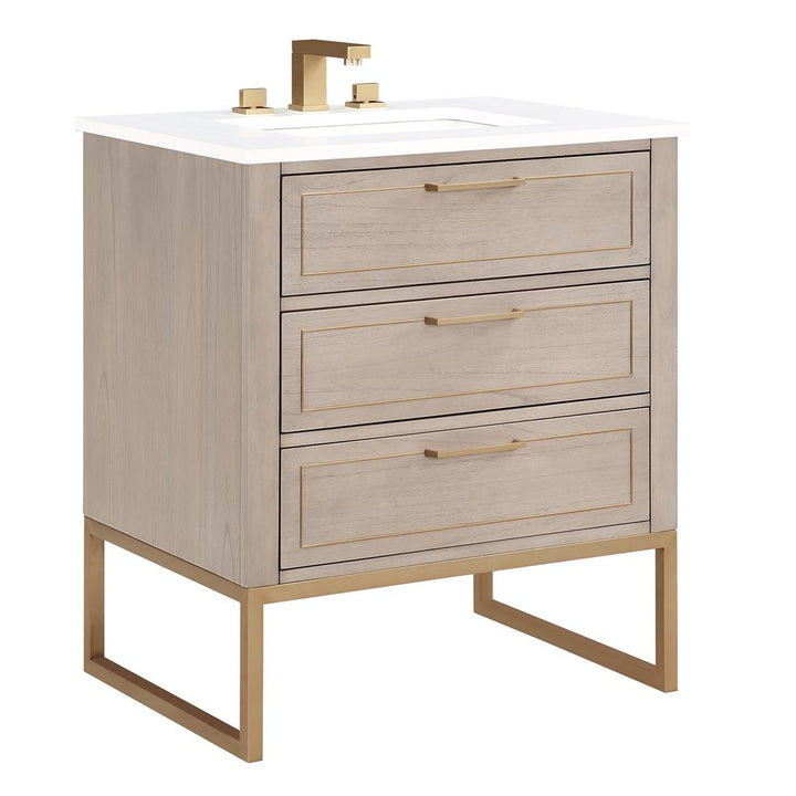 Bemma, Markham 30" Single Vanity, Cashmere Grey/Satin Brass, White Quartz Top#top-options_white-quartz-top