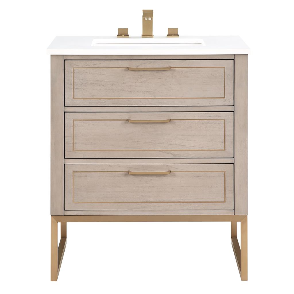 Bemma, Markham 30" Single Vanity, Cashmere Grey/Satin Brass, White Quartz Top#top-options_white-quartz-top