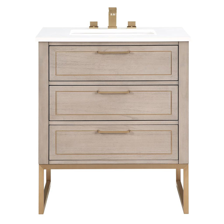 Bemma, Markham 30" Single Vanity, Cashmere Grey/Satin Brass, White Quartz Top#top-options_white-quartz-top