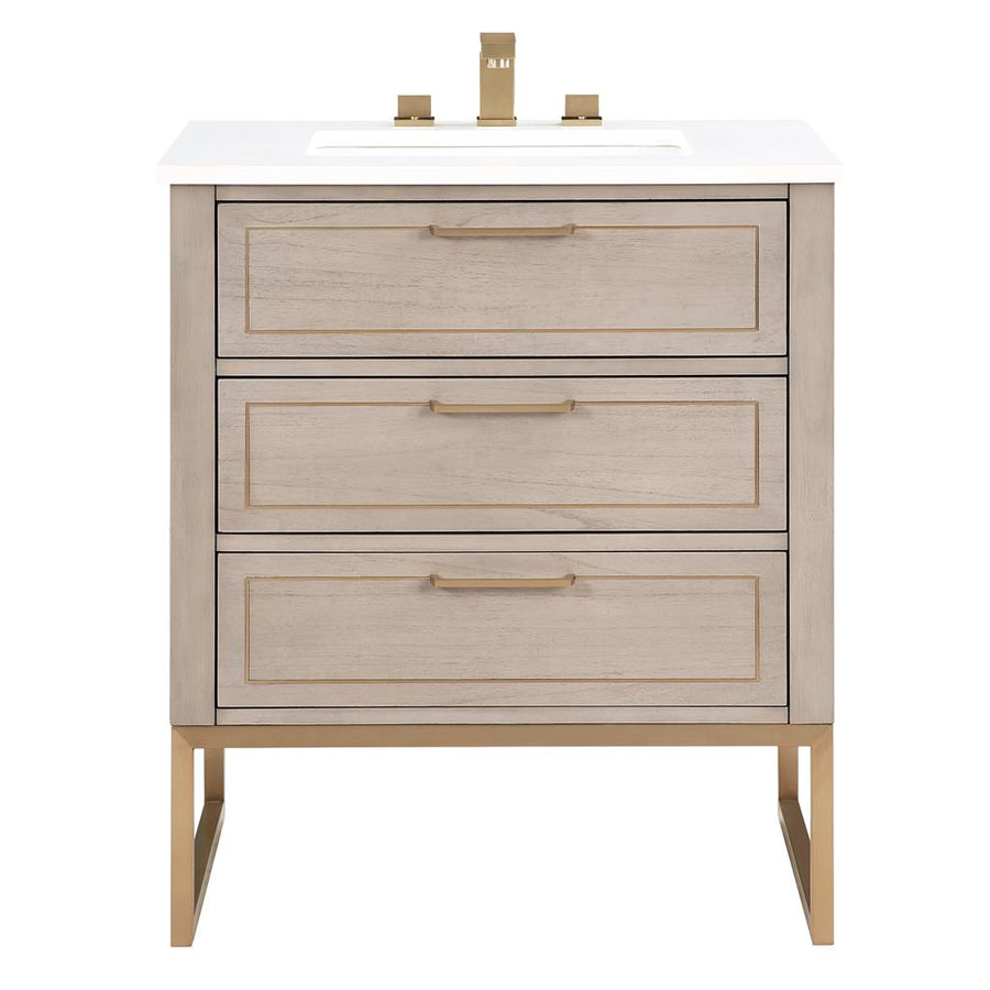 Bemma, Markham 30" Single Vanity, Cashmere Grey/Satin Brass, White Quartz Top#top-options_white-quartz-top
