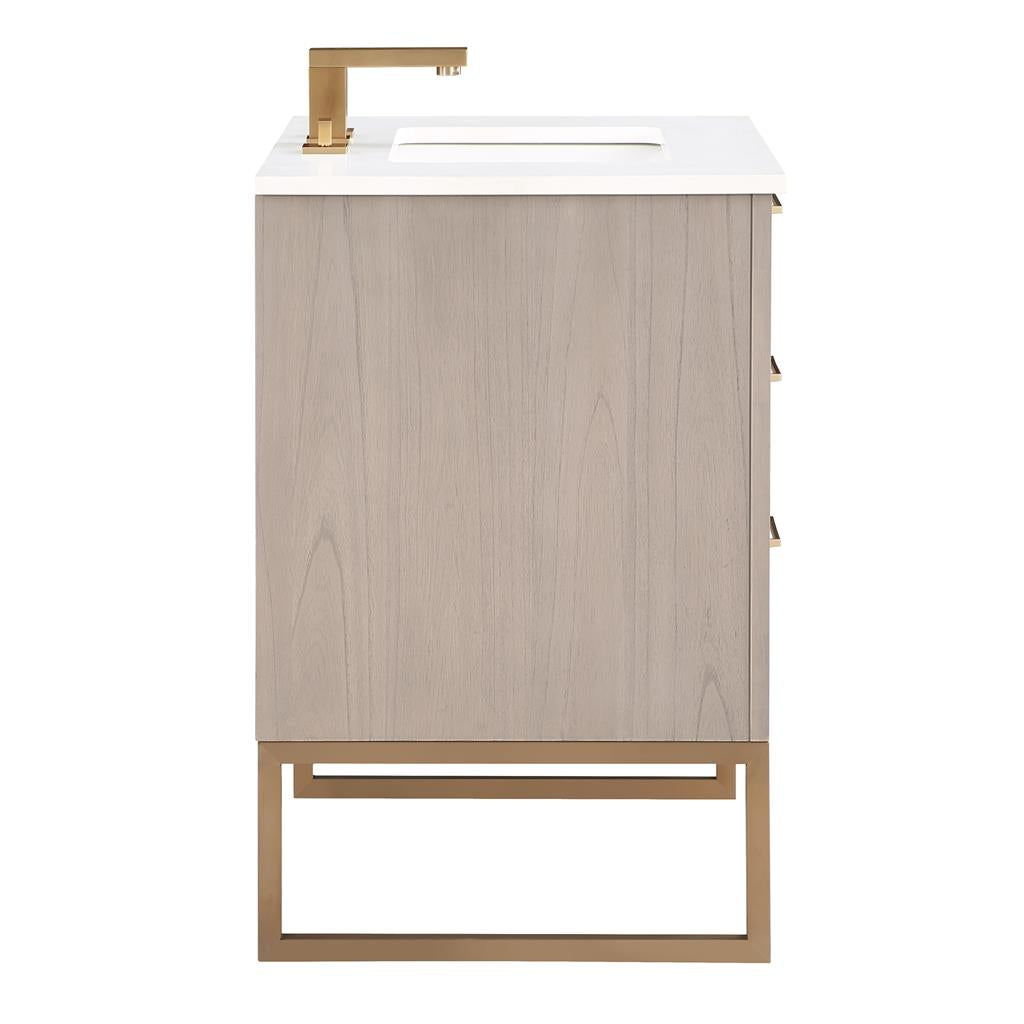 Bemma, Markham 30" Single Vanity, Cashmere Grey/Satin Brass, White Quartz Top#top-options_white-quartz-top