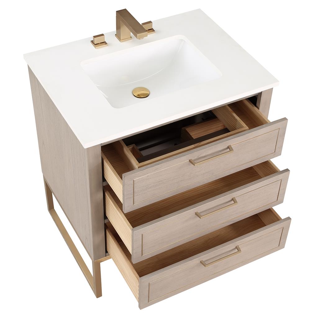 Bemma, Markham 30" Single Vanity, Cashmere Grey/Satin Brass, White Quartz Top#top-options_white-quartz-top