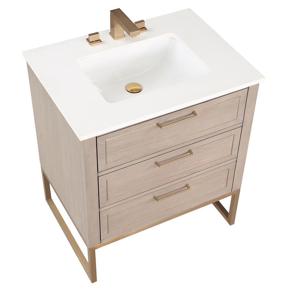 Bemma, Markham 30" Single Vanity, Cashmere Grey/Satin Brass, White Quartz Top#top-options_white-quartz-top