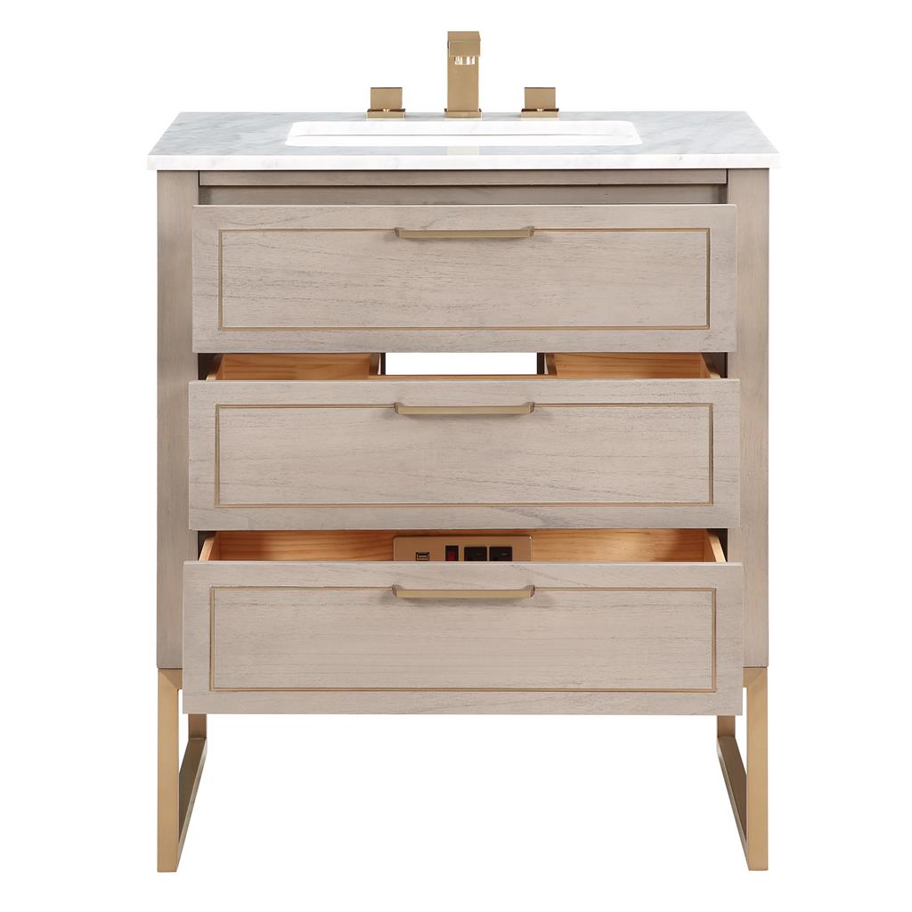 Bemma, Markham 30" Single Vanity, Cashmere Grey/Satin Brass,Carrara Marble Top#top-options_carrara-marble-top