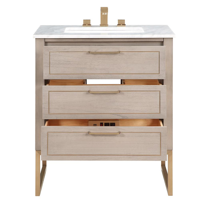 Bemma, Markham 30" Single Vanity, Cashmere Grey/Satin Brass,Carrara Marble Top#top-options_carrara-marble-top
