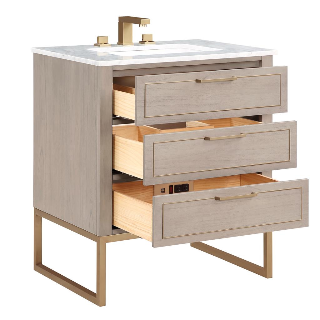 Bemma, Markham 30" Single Vanity, Cashmere Grey/Satin Brass,Carrara Marble Top#top-options_carrara-marble-top