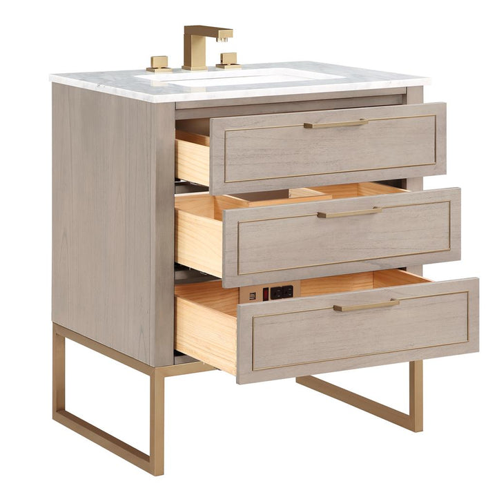 Bemma, Markham 30" Single Vanity, Cashmere Grey/Satin Brass,Carrara Marble Top#top-options_carrara-marble-top
