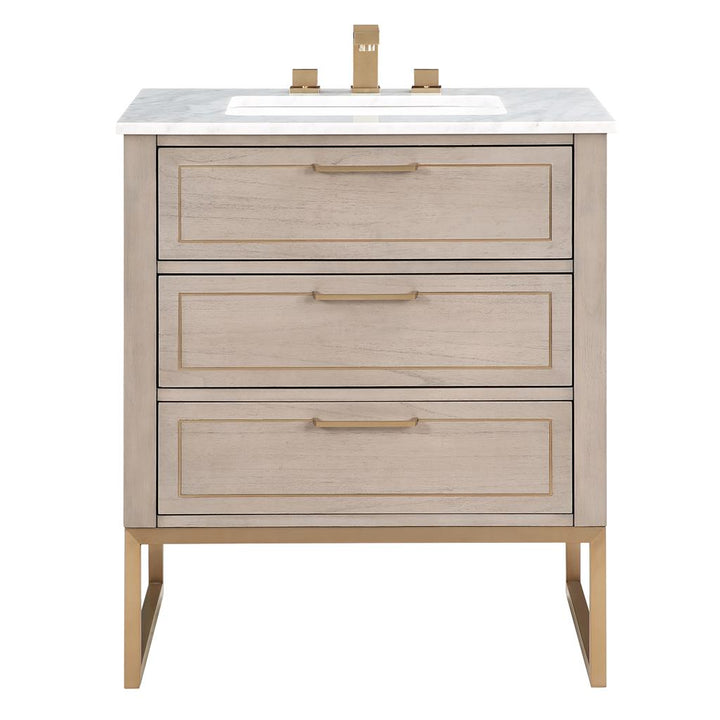 Bemma, Markham 30" Single Vanity, Cashmere Grey/Satin Brass,Carrara Marble Top#top-options_carrara-marble-top