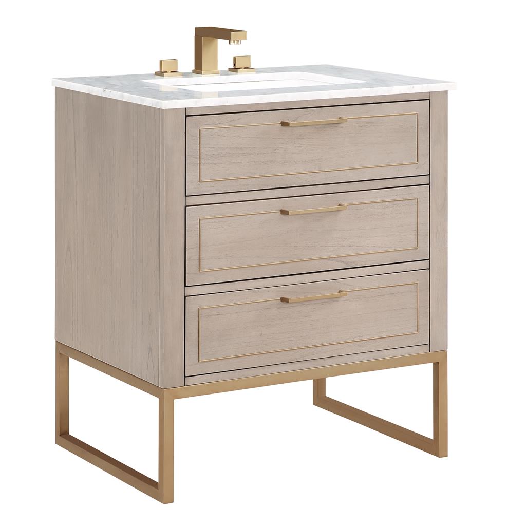 Bemma, Markham 30" Single Vanity, Cashmere Grey/Satin Brass,Carrara Marble Top#top-options_carrara-marble-top