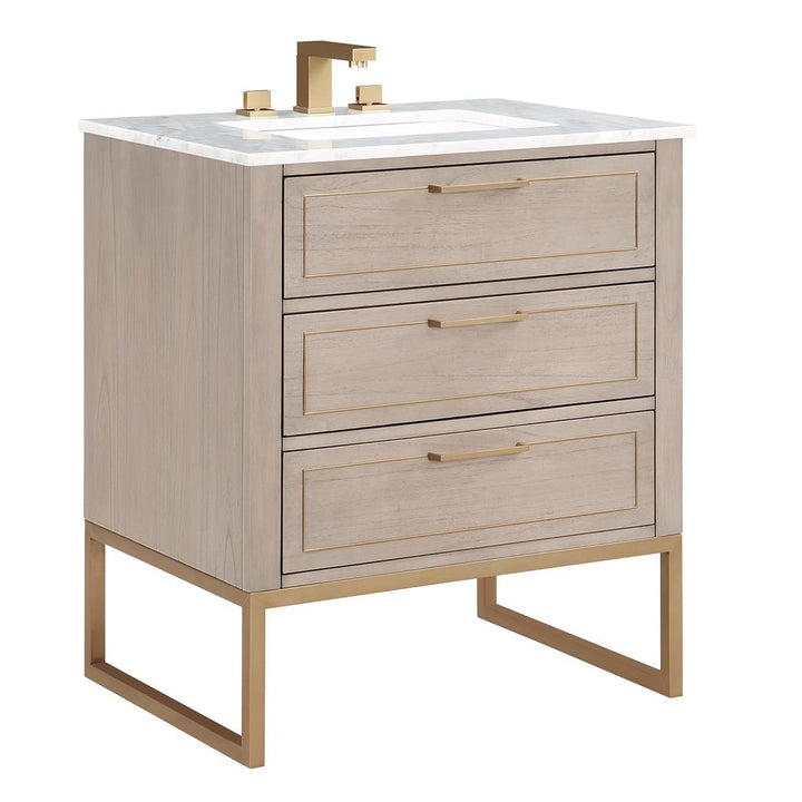 Bemma, Markham 30" Single Vanity, Cashmere Grey/Satin Brass,Carrara Marble Top#top-options_carrara-marble-top