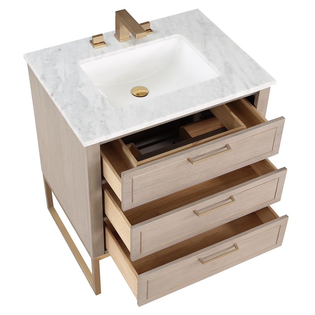 Bemma, Markham 30" Single Vanity, Cashmere Grey/Satin Brass,Carrara Marble Top#top-options_carrara-marble-top