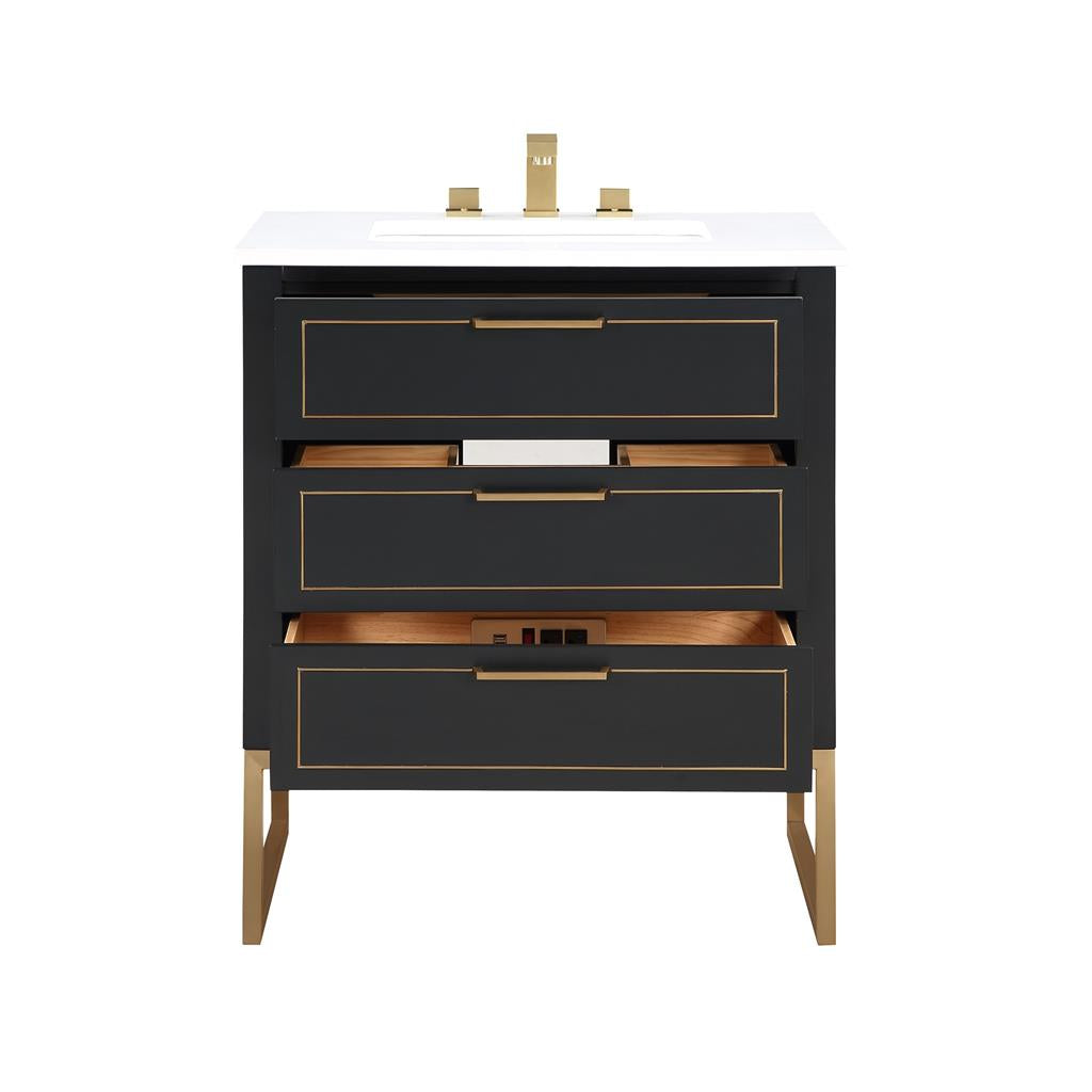 Bemma, Markham 30" Single Vanity, Midnight Black/Satin Brass, White Quartz Top#top-options_white-quartz-top