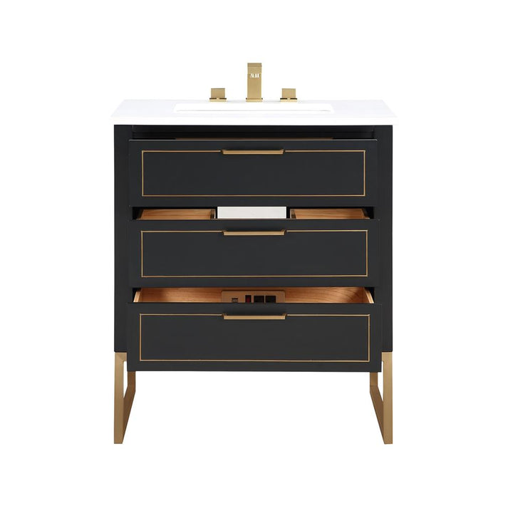 Bemma, Markham 30" Single Vanity, Midnight Black/Satin Brass, White Quartz Top#top-options_white-quartz-top