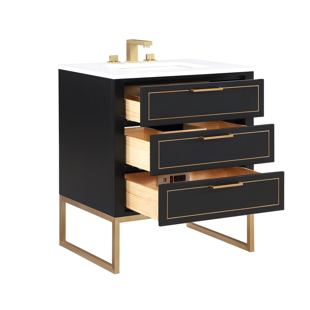 Bemma, Markham 30" Single Vanity, Midnight Black/Satin Brass, White Quartz Top#top-options_white-quartz-top