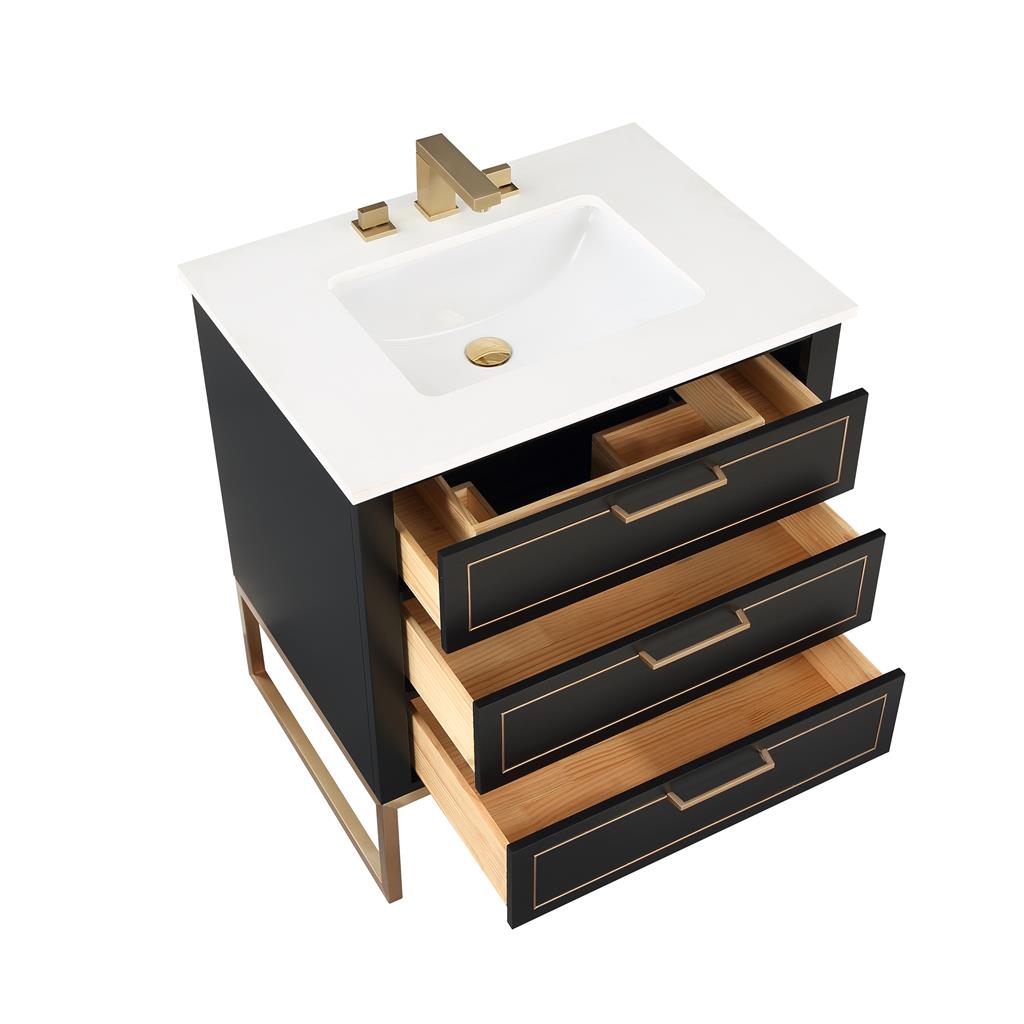 Bemma, Markham 30" Single Vanity, Midnight Black/Satin Brass, White Quartz Top#top-options_white-quartz-top