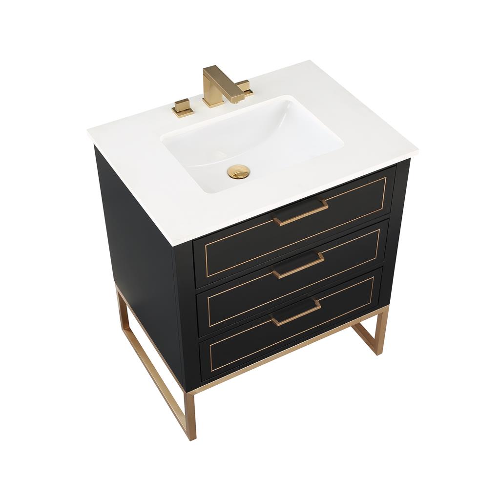 Bemma, Markham 30" Single Vanity, Midnight Black/Satin Brass, White Quartz Top#top-options_white-quartz-top